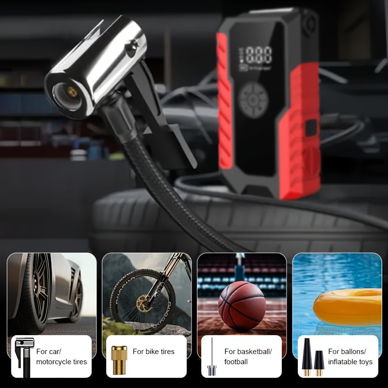 Portable Jump Starter with Air Compressor 5000A,12V Car Charger Jump Starter Power Pack,150 PSI Tire Inflator and Jumper Box for 9.5L Gas/8.0L Diesel,with USB Port and LED (Red-Black)