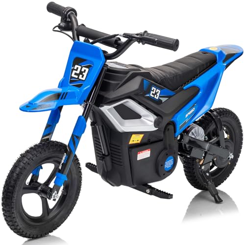 Hikiddo 24V 10Ah Electric Dirt Bike, 350W Electric Motorcycle for Kids Ages 6+, 150Lbs Load Capacity, Bluetooth - Blue