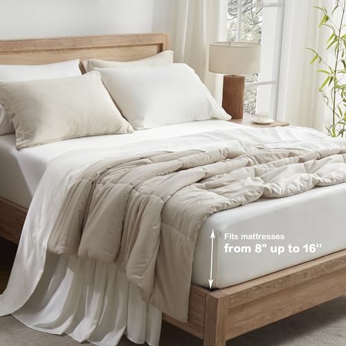 Image of Andency Ivory Full Sheets Set 100% Viscose Derived from Bamboo | Cooling Summer Sheets, Deep Pocket Up to 16 inch, Silky Soft Hotel Luxury Breathable Bedding Sheets & Pillowcases