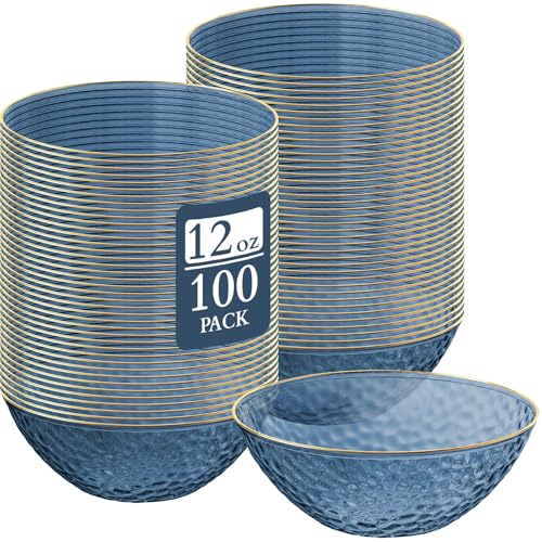 Jingmore 100 Pcs 12 oz Clear Plastic Bowls Hammered with Gold Rimmed, Heavyweight Disposable Bowl Set, Salad Dinner Bowls for Party, Wedding, Holiday, Catering (Blue)