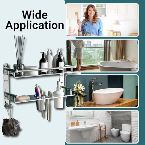 Image of GLOXY Premium Chrome Finish Stainless Steel Bathroom Shelf with Soap Holder, Toothpaste Holder & Liquid Soap Dispenser - 6 in 1 Bathroom Organizer Bathroom Accessories for Home, Office & Hotels