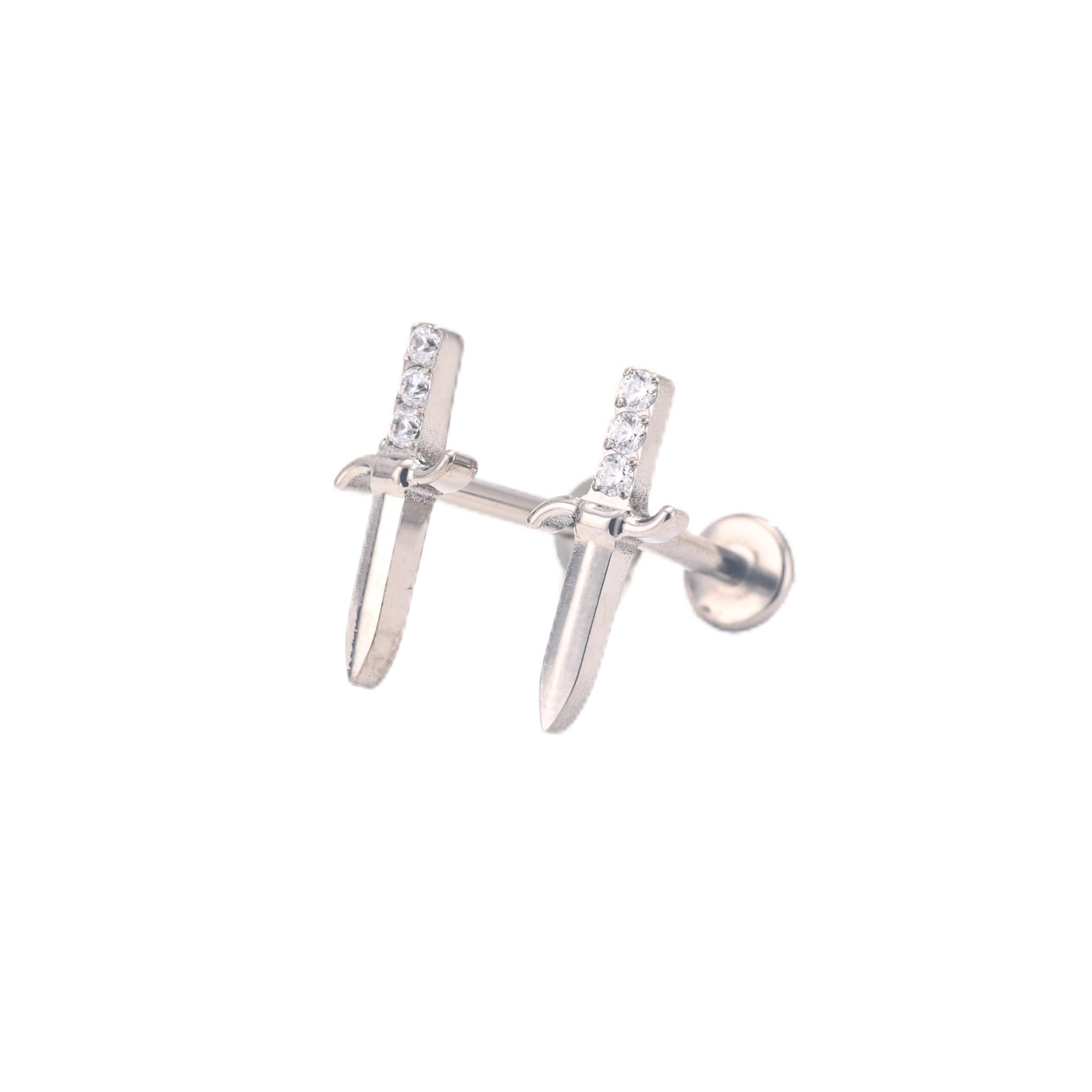 Fashtour G23 Implant-Grade Titanium Stud Earrings for Sensitive Ears - Hypoallergenic CZ/Diamond Accent - Silver/Gold Dagger Design