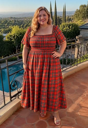 Image of RITERA Plus Size Dresses for Curvy Women Square Neck Short Sleeve Summer Floral Smocked Maxi Dress with Pocket XL-5XL