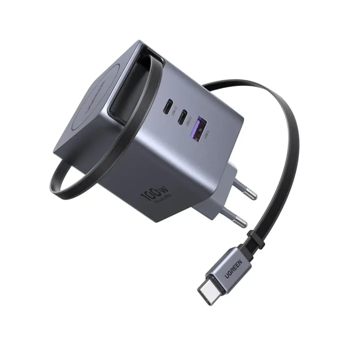 Carregador Ugreen Nexode GaN Infinity 1x USB-A + 2X USB-C 100W com Cabo Retrátil