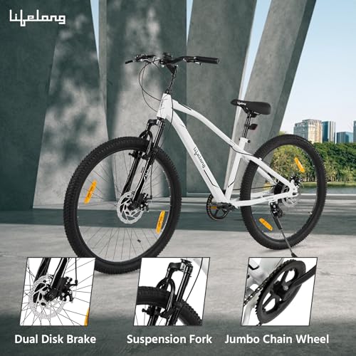 Image of Lifelong Gear Cycle for Men & Women MTB 26T with Dual Disc Brake - MultiSpeed 7-Gear Bicycle - Front Suspension Fork - Mountain Bike Ideal for 15 Years + Adults Upto Height 5 ft 5 inches (White)