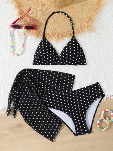 Image of SEGT Girl's 3 Piece Striped Bikini Swimwear Cute Swimsuits Bathing Suit High Waisted with Cover Up Beach Skirt