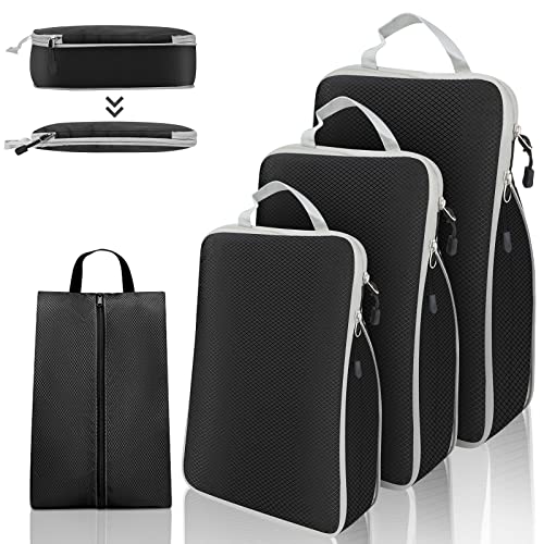 JOLIGAEA Organizador de Maletas, 4 Piezas Bolsas de Embalaje con Compresión, Impermeable Organizador de Maleta, Bolsas de Equipaje con asa para de Viaje, Zapatos, Cubos de Embalaje Ropa, Negro