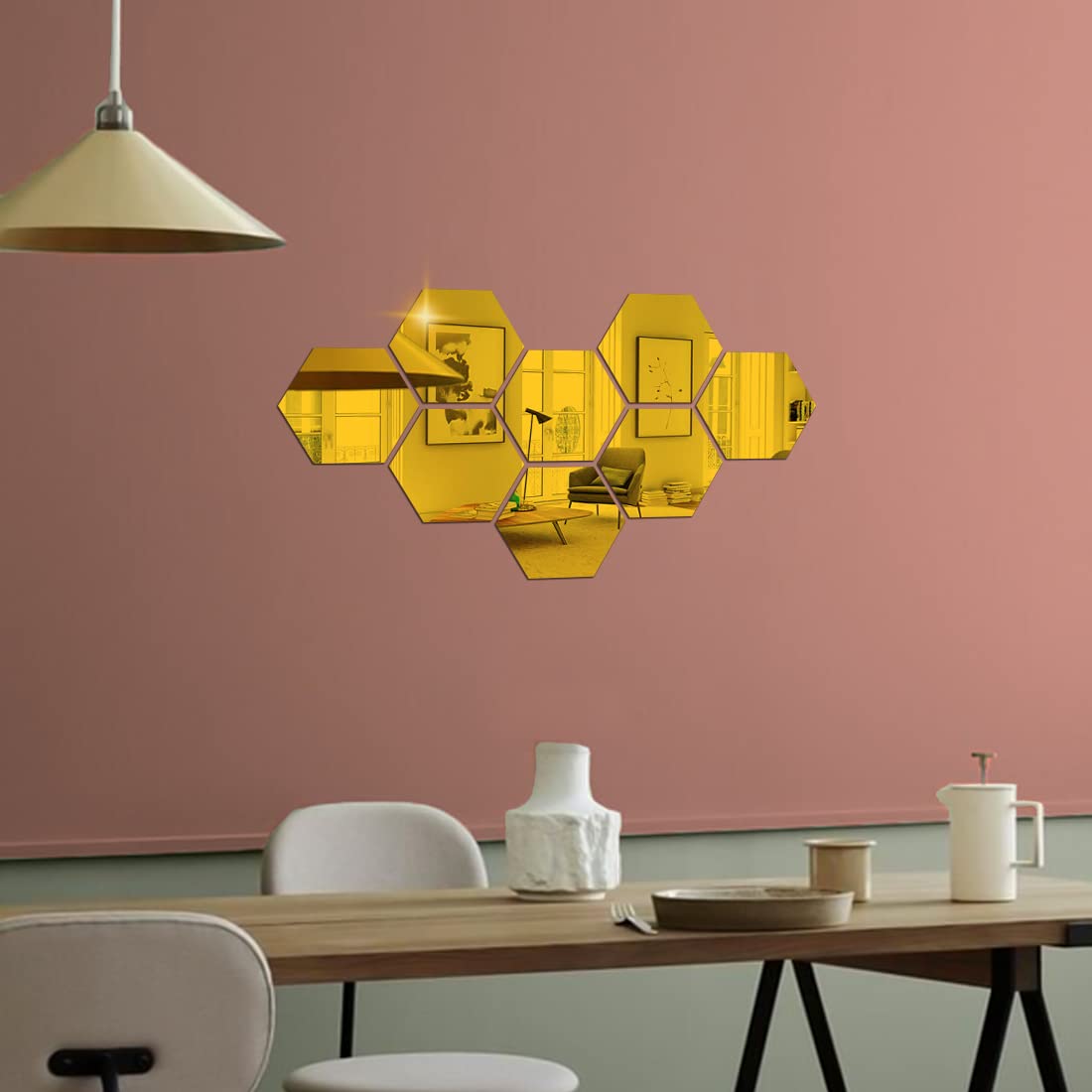 DSticker 8 Hexagon Mirror Gold Wall Stickers for Wall Size (10.5x12.1) Cm Acrylic Mirror for Wall Stickers for Bedroom | Bathroom | Kitchen | Living Room Decoration Items (B-8HexaGold)