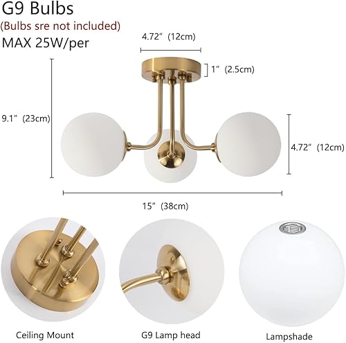 Miniatura 2 de Lámpara de techo moderna semiempotrada de 3 luces, pantalla de vidrio blanco globo, lámpara de techo semiempotrada, candelabros Sputnik para