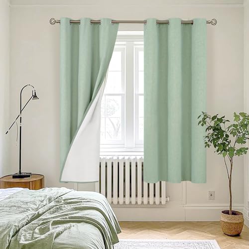 Image of YoungsTex Light Green Linen 100% Blackout Curtains 63 Inch Length for Bedroom /Living Room - Grommet Thermal Insulated Drapes Full Room Darkening with White Liner, 2 Panels, 42 X 63 Inch