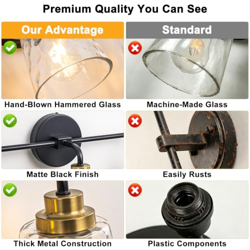 Image of WILON 3 Light Bathroom Light Fixtures Hammered Glass Vanity Light | Modern vanity light with hammered glass shades and black gold finish Ideal for bathroom mirror, makeup and dressing areas
