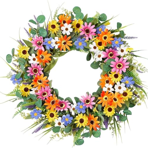 Couronne artificielle de 22 pouces avec fleurs colorées et feuilles d'eucalyptus pour porte - 2