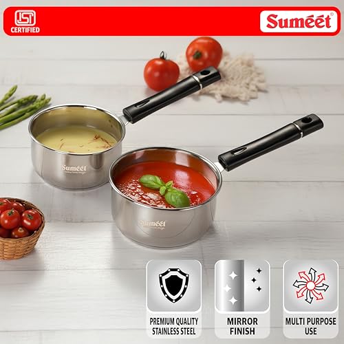 Image of Sumeet ISI Certified Stainless Steel Induction & Gas Stove Friendly Saucepan /Milk Pan /Tea Maker Set of 2Pcs - 800 & 1200ml, 13.5 & 15cm Dia, Silver