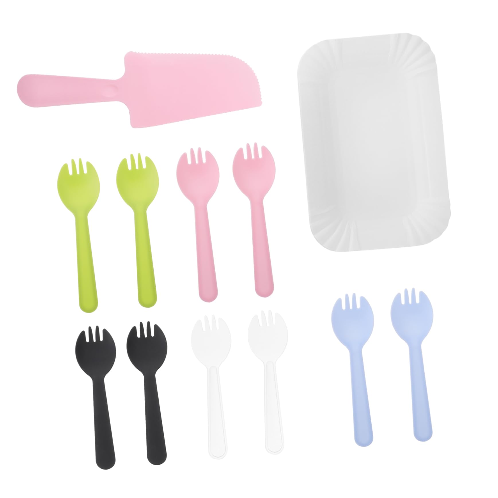 HOODANCOS 50pcs Birthday Cake Knife Fork Tray Set Dinnerware Party Tableware Set for Birthday Wedding Engagement Random Color
