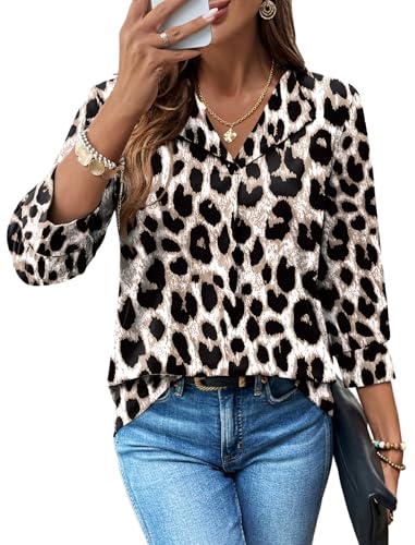 WIHOLL 3/4 Length Sleeve Womens Tops 2026 Dressy Casual Ladies Blouses Summer Spring Trendy Business Work Outfits Leopard Cheetah Print Shirts Fashion Clothing L