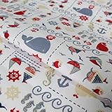 Kinder Stoff maritim Weiß – Baumwolle Meterware 140 cm breit – Wale, Schiffe, Anker, Wellen & Meerestiere – schadstoffgeprüft, weich & pflegeleicht