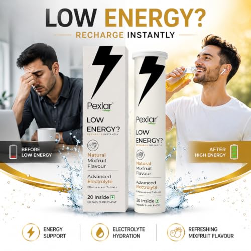 Image of Pexlar Advanced Electrolyte Tablet Zero Sugar - Instant Energy Drink - Natural Mixed Fruit Flavour - 5 Essential Electrolytes + Vitamins (C & D) (Pack of 3-60PC)