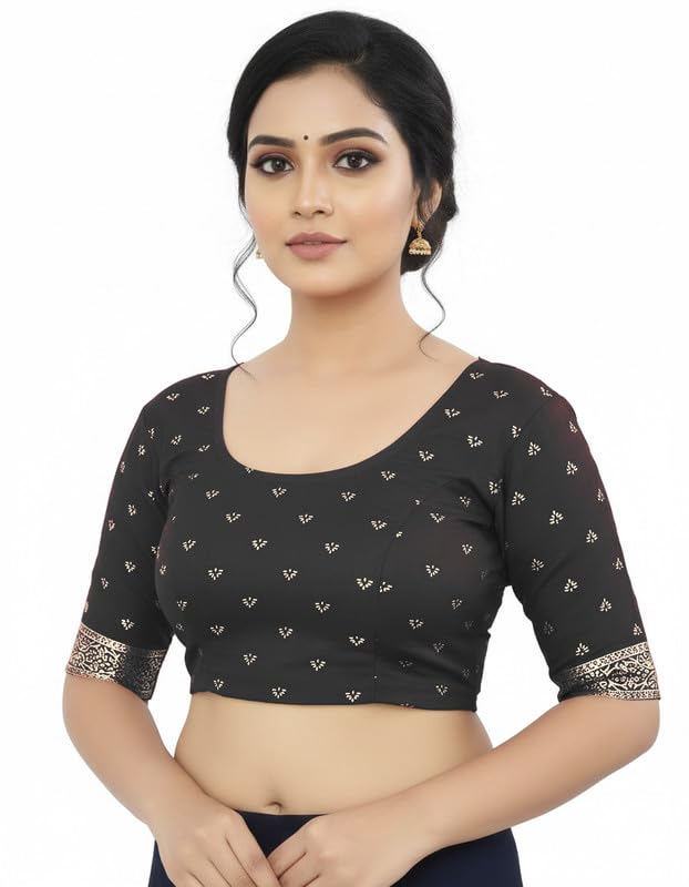 Stylish Readymade Blouse for Women Trendy Silver Print Stretchable Lycra Round Neck Half Sleeves-image-42