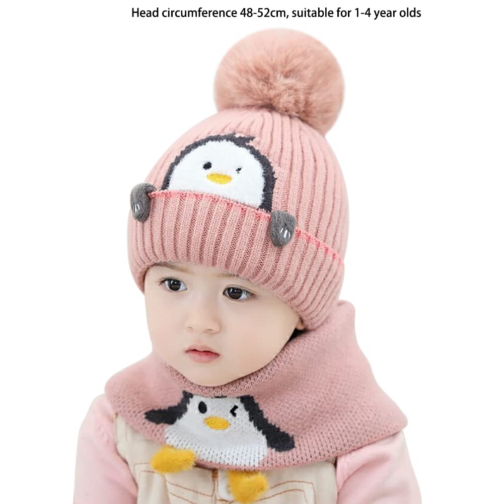 Kids Winter Hat and Scarf Set, Penguin Pattern Warm Wool Beanie Hat and Scarf for Infant Toddler Boy Girl 1-4 Years Old
