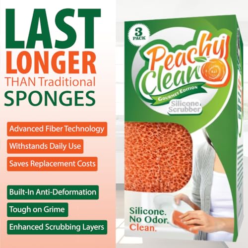 Image of Peachy Clean Silicone Dish Sponge Scrubbers, Fresh Peach Scent, Non-Scratch, Odor-Resistant, Durable Dish Sponges for Kitchen 9pk