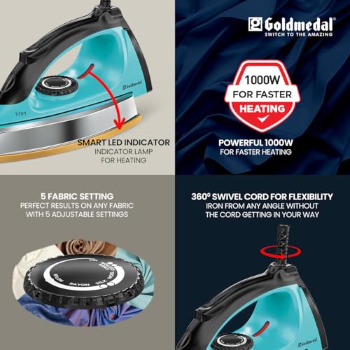 Image of Goldmedal Titan 1000W Dry Iron| Non-stick Weilburger Premium Double Coated Soleplate| 5 Fabric Setting|1.8 Meter Cord| 360 Swivel Cord| 2.5 Years Warranty| 1.5KG Heavy Weight (Turquoise Blue)