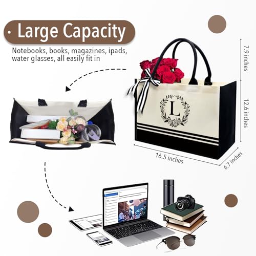 Image of Personalized Initial Canvas Tote Bags, Monogrammed Tote Bag Gifts for Women Teacher Friend for Birthday Wedding