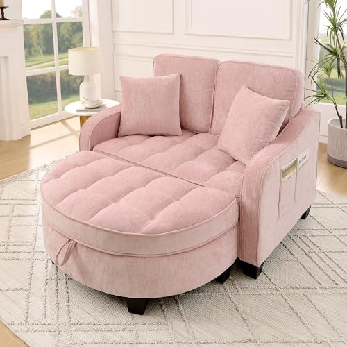 A ALFRESCOOL Sofa mit Schlaffunktion, 2-in-1 Schlafsofa, Modulares Sofa, Aufbewahrungs-Hocker & 4 Kisse, für Kleine Wohnzimmer, Studienzimmer, Schlafzimmer, 132×129×93cm (Rosa)