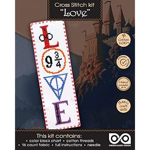 Counted Cross-Stitch Bookmark Kit 'HP Love' - DIY Set for Hand Embroidery with Pattern Design Cover