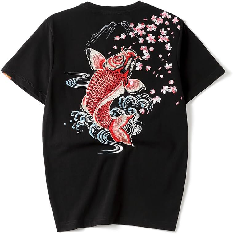 Koi Fish Embroidery T-Shirts for Men Women Cotton Loose Fit Short Sleeve Tees Unisex Cherry Blossom Tops
