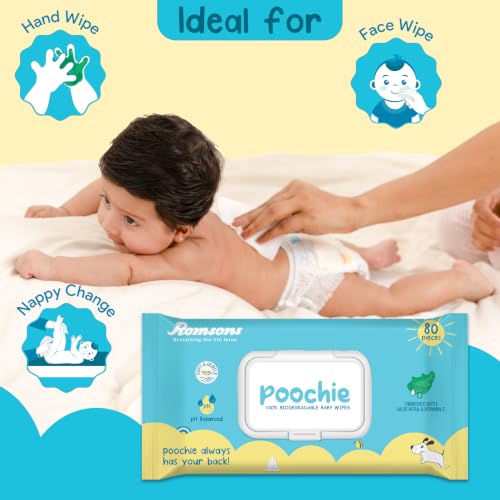 Image of Dignity Poochie 100% Biodegradable Baby Wipes Enriched with Aloe Vera and Vitamin E, 150 x 200 mm (Pack of 1) 80 Wipes