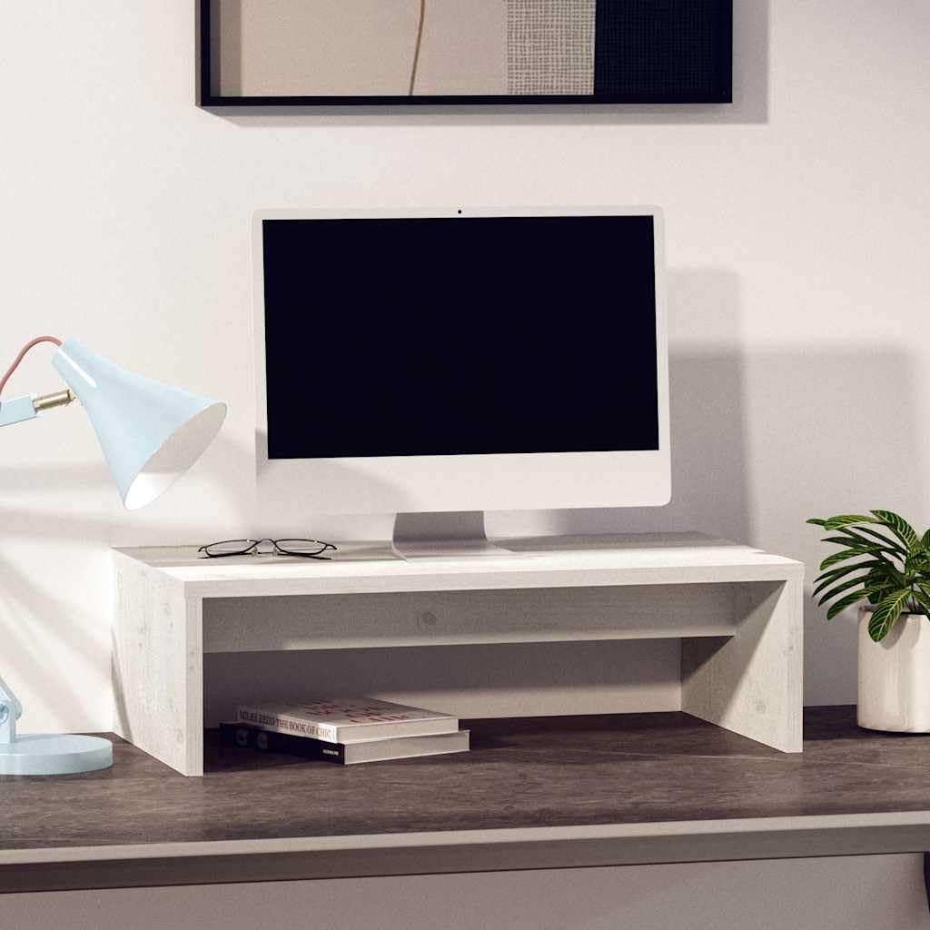 Stojak na monitor biały 50 x 27 x 15 cm z litego drewna sosnowego – podwyższenie monitora do biura i biurka, ergonomiczny uchwyt na ekran