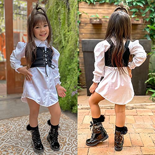 2PCS Baby Girl Lapel Button Down Shirt Dress + Drawstring Waistcoat Toddler Spring Autumn Clothes Set2