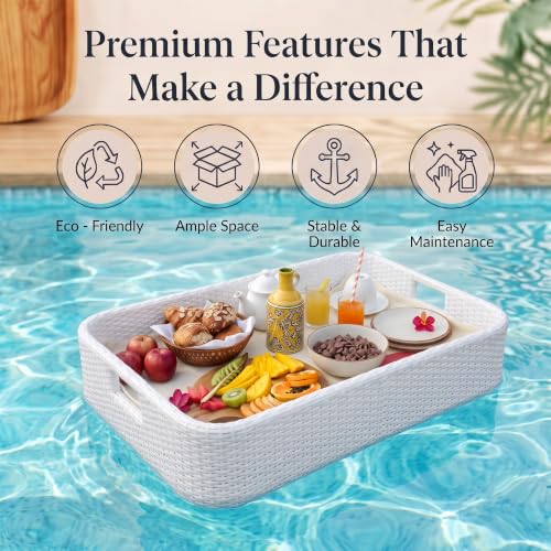 Image of BRISHI Luxury Floating Serving Tray | Swimming Pool Floats for Adults for Sandbars, Spas, Bath, and Parties | Floating Tray for Pool Serving Drinks, Brunch, Food on The Water (White).