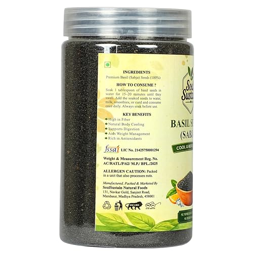 Image of SoulSustain Basil Seeds Sabja Seeds 420 Gram for Drinks Falooda Detox Fiber Rich Tukmaria Seeds for Digestion Cooling Summer Drink Ingredient Natural Sweet Basil Seeds for Soaking Beverages.
