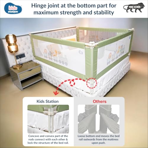 Image of Kids Station 1 Side with Pocket Bed Rail Guard (5ft x 2.6ft / 150cm x 80cm), Bed Railing for Baby Safety, Kids Toddler Bed Protector Side Walls, Adjustable Height, Portable & Foldable (Green)
