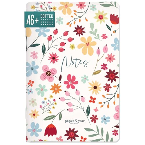 paper&you® Notizheft A6+ Punktraster Wild Flower mit 64 Seiten, Notizbuch klein, Mini dotted Journal - nachhaltig & klimafreundlich