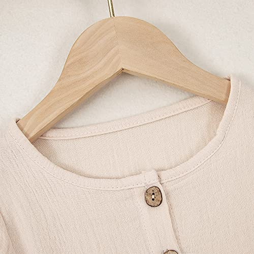 Izyjoy Toddler Baby Girl Cotton Linen Dress Long Sleeve Crew Neck Dresses Button Down Adjustable Belt Casual Fall White Dress (Beige, 5-6X) #TOP4