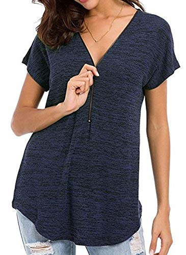 Stynice Camiseta para Mujer Verano con Cremallera Tops con Cuello en v Blusa Túnica Casual Manga Corta con Cremallera