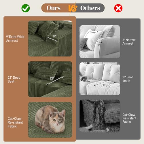 Image of 110 inch L Shaped Cloud Boneless Sectional Couches for Living Room, Modern Comfy Modular Deep Seat Memory Foam Compressed Corduroy Sofa Oversized Right Facing Chaise, No Assembly Required, Green