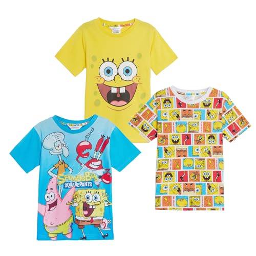SpongeBob SquarePants Kinder 3 Pack T-Shirts Jungen Mädchen Dress Up Tops Sommer Baumwolle Tees Spongebob Geschenk, Multicolor, 7-8 Jahre