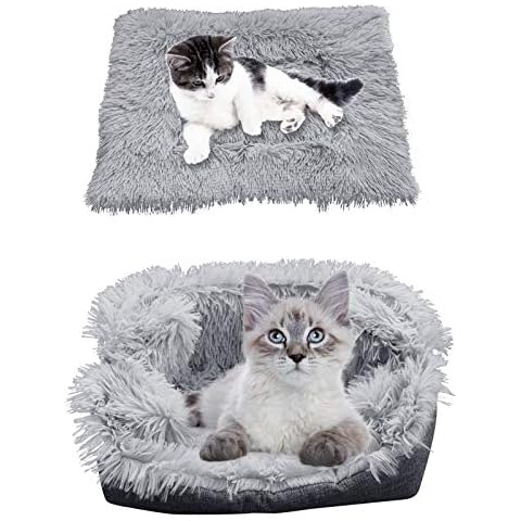 iHeartYard Furry Self Warming Cat Bed Mat, 2-in-1 Soft Pet Sleeping Blanket Cushion Bed Pad for Cats Small Dogs, Comfy Pet Heated Nest Mat Anti-Slip for Cats and Puppies White Cover