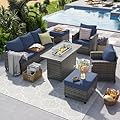 UDPATIO Patio Furniture Set with 44" Fire Pit Table, 6 Pieces Outdoor Sectional Conversation Sets, All-Weather Wicker Rattan Sofa Ottoman with 4" Thick Cushion for Garden Backyard Poolside, Navy Blue