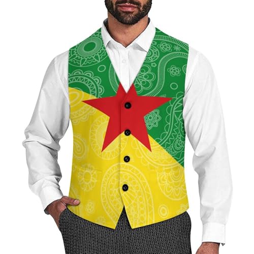 French Guiana Flag Paisley Pattern Novelty Men's Suit Vest Casual Formal Dress Vests Business Waistcoat