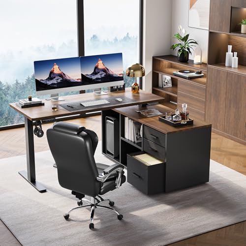 Image of HUANUO 55 Inch L Shaped Standing Desk with Drawers, Electric Executive Desk with File Cabinet Sets, Adjustable Height Stand Up Desk, Home Office Computer Desk with 4 Memory Presets, Walnut