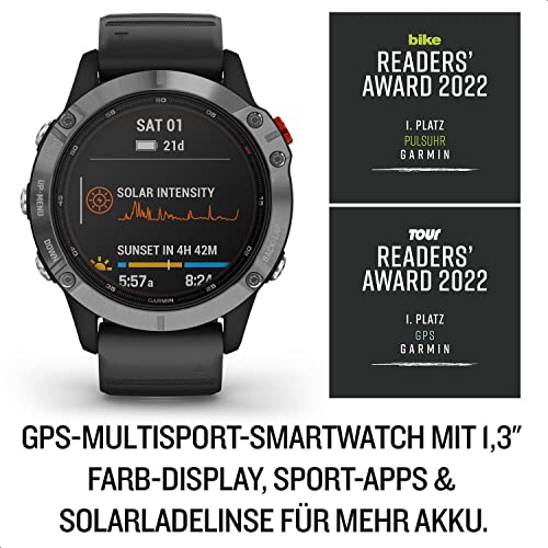 Garmin fenix 6 Solar - GPS-Multisport-Smartwatch mit Solar-Ladefunktion f&uuml;r bis zu 16 Tage Akku. 1,3“ Display und viele vorinstallierte Sport-Apps. Mit Garmin Pay, sehr robust, wasserdicht bis 10 ATM, Silber/Schwarz, 010-02410-00