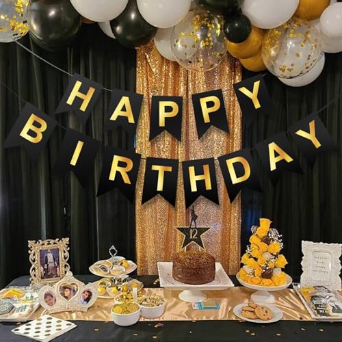 Image of Happy Birthday Banner,Pre-Strung Black and Gold Party Decorations,16ft Pre-Strung Hanging Sign for Kids, Girls, Boys, Women - No DIY, Backdrop Supplies
