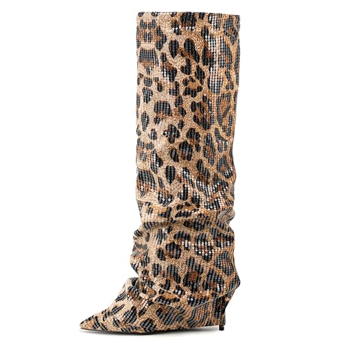 Fold Over Knee High Boots Women Winter Stiletto Heel Tall Slouchy Shark Boots Pull on Pointed Toe Party Dress Fall Shoes2