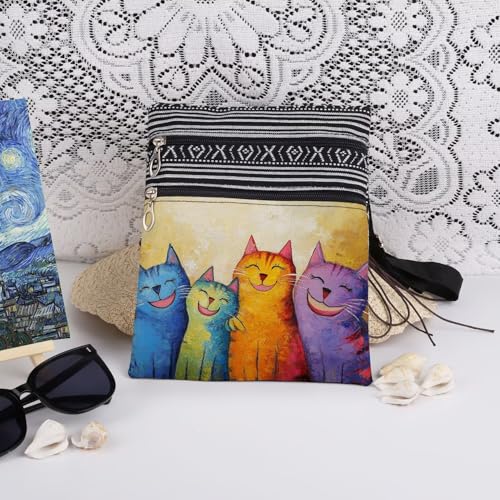 Cartoon Cats Print Crossbody Bag Adjustable Unisex Shoulder Bag with Zipper Cats Lovers Gift for Birthdays Travel Purse3