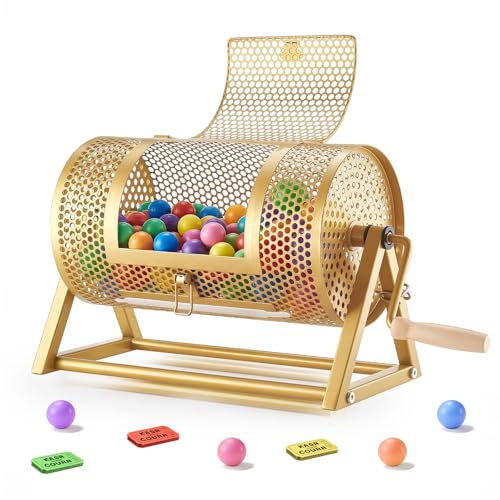 VEVOR Tombola Trommel 295xØ167mm Lostrommel mit Fassungsvermögen von 2500 Lose oder 100 Lotteriebälle Gewinnspieltrommel mit Kurbel & Dreiecksständer für Veranstaltungen & Feiern Gold