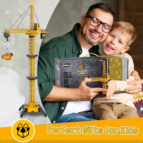 Ulikey Ferngesteuerte Turmkran, 2.4GHz RC Kran Ferngesteuert, 128 cm Hohe, 6 Kanäle Turmdrehkran, Fernbedienung 680 ° Rotation Aufzug, mit Leuchtturm und Sound, Konstruktionsspielzeug für Kinder ab 4